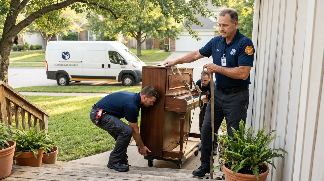 Licensed piano movers securing grand piano in White Sulphur Springs, WV