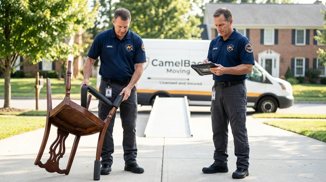 Movers inspecting furniture for damage prevention before loading in White Sulphur Springs, WV