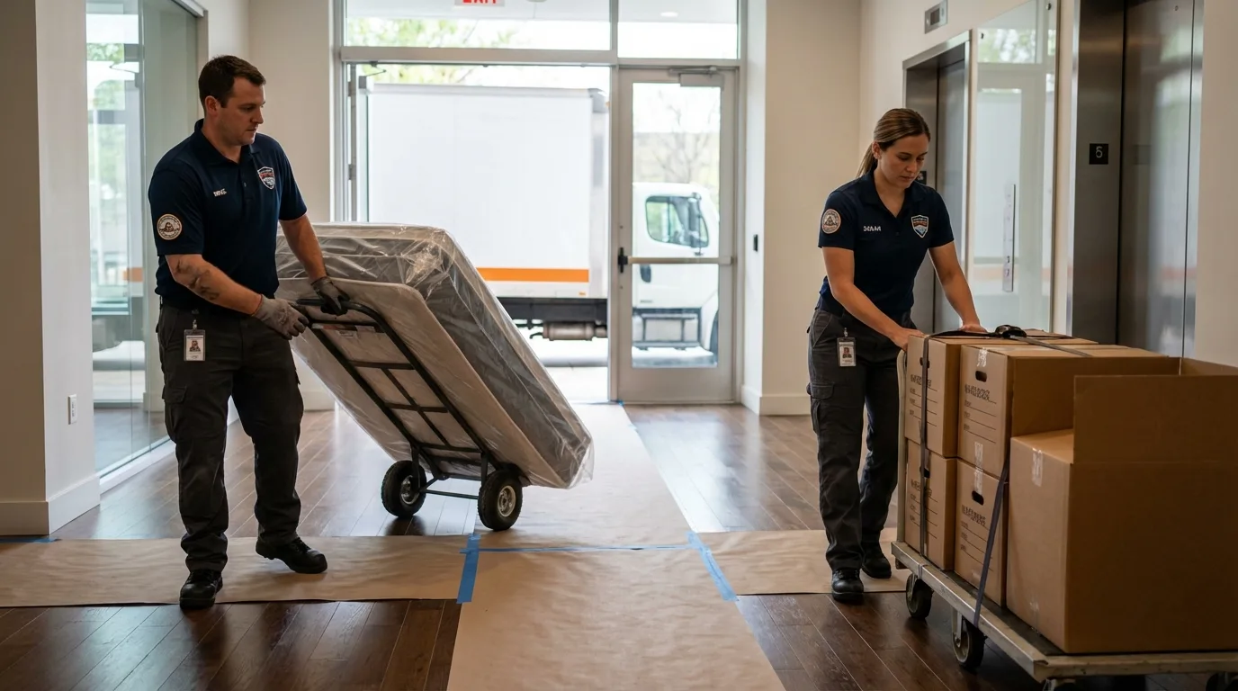 Professional apartment movers loading elevator in White Sulphur Springs, WV