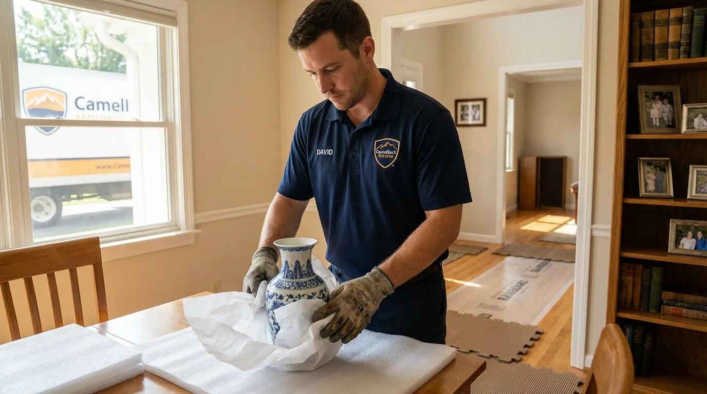 Professional crew carefully wrapping antique vase for senior downsizing move in White Sulphur Springs, WV